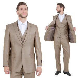 Modern Fit Sharkskin 3pc Men's Suit Set, Dark Tan